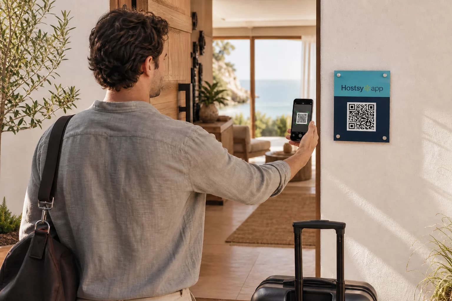 Hóspede a ler o QR Code do guia Hostsy à chegada