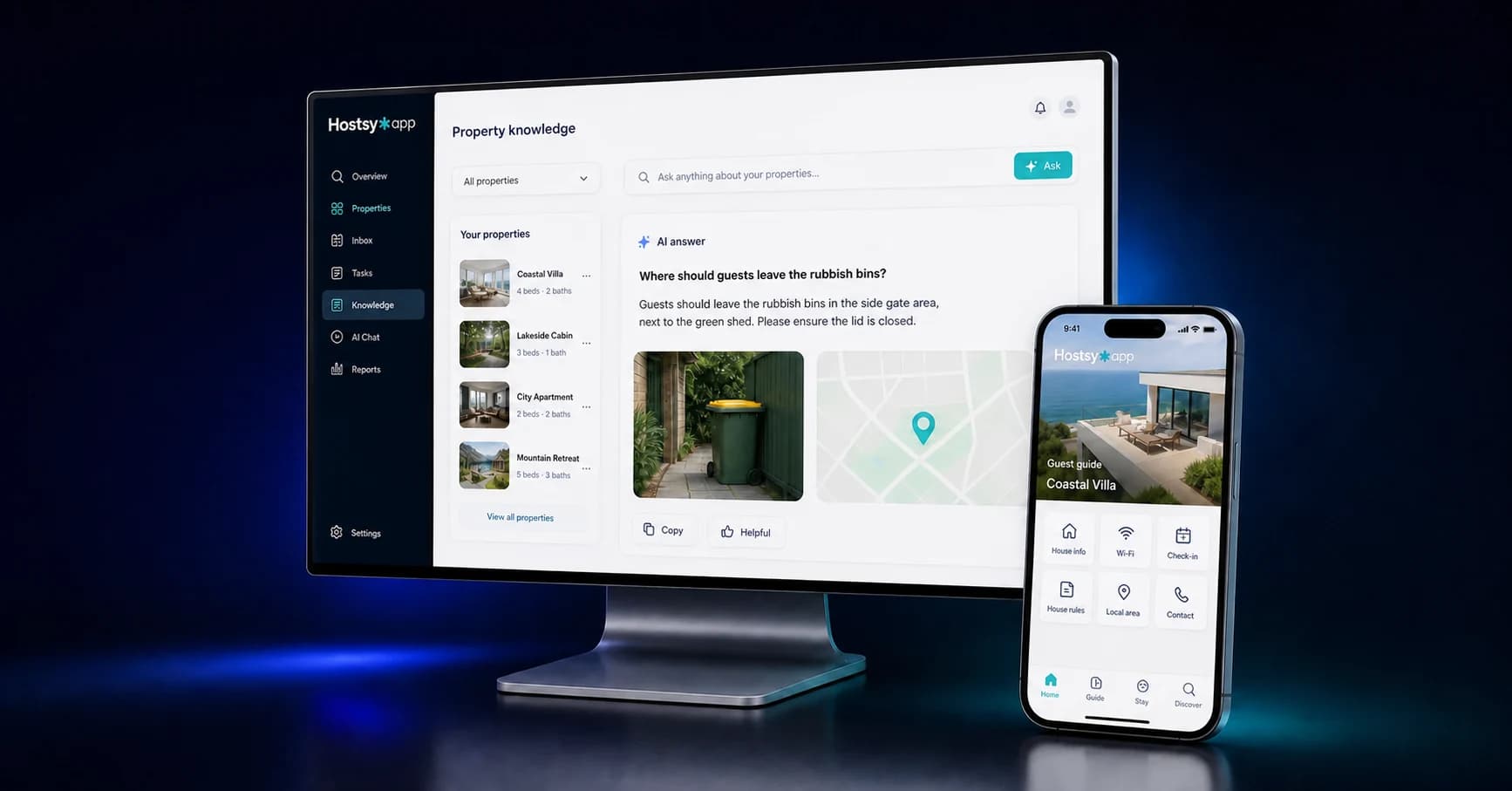 Painel Hostsy e guia digital para hóspedes